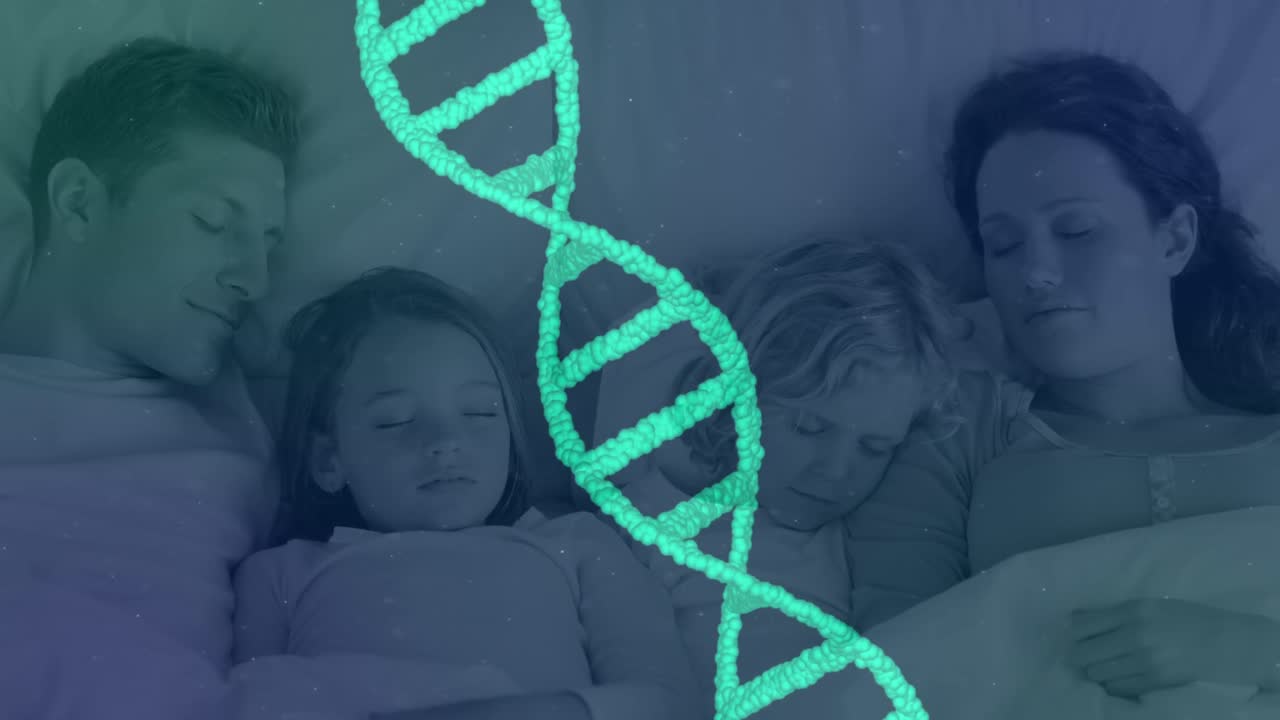 Animation of 3d green dna strand spinning over sleeping family