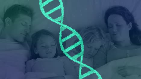 Animation-of-3d-green-dna-strand-spinning-over-sleeping-family