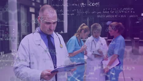 Digital-animation-of-mathematical-equations-against-male-doctor-holding-clipboard-at-hospital