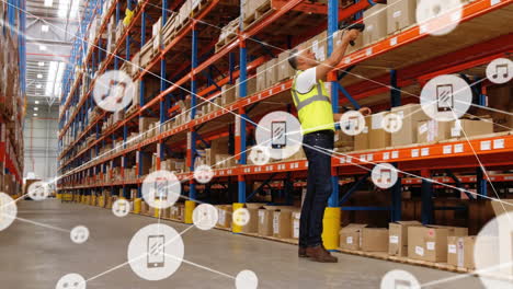 scanning boxes in warehouse, logistics network animation over shelves and packages