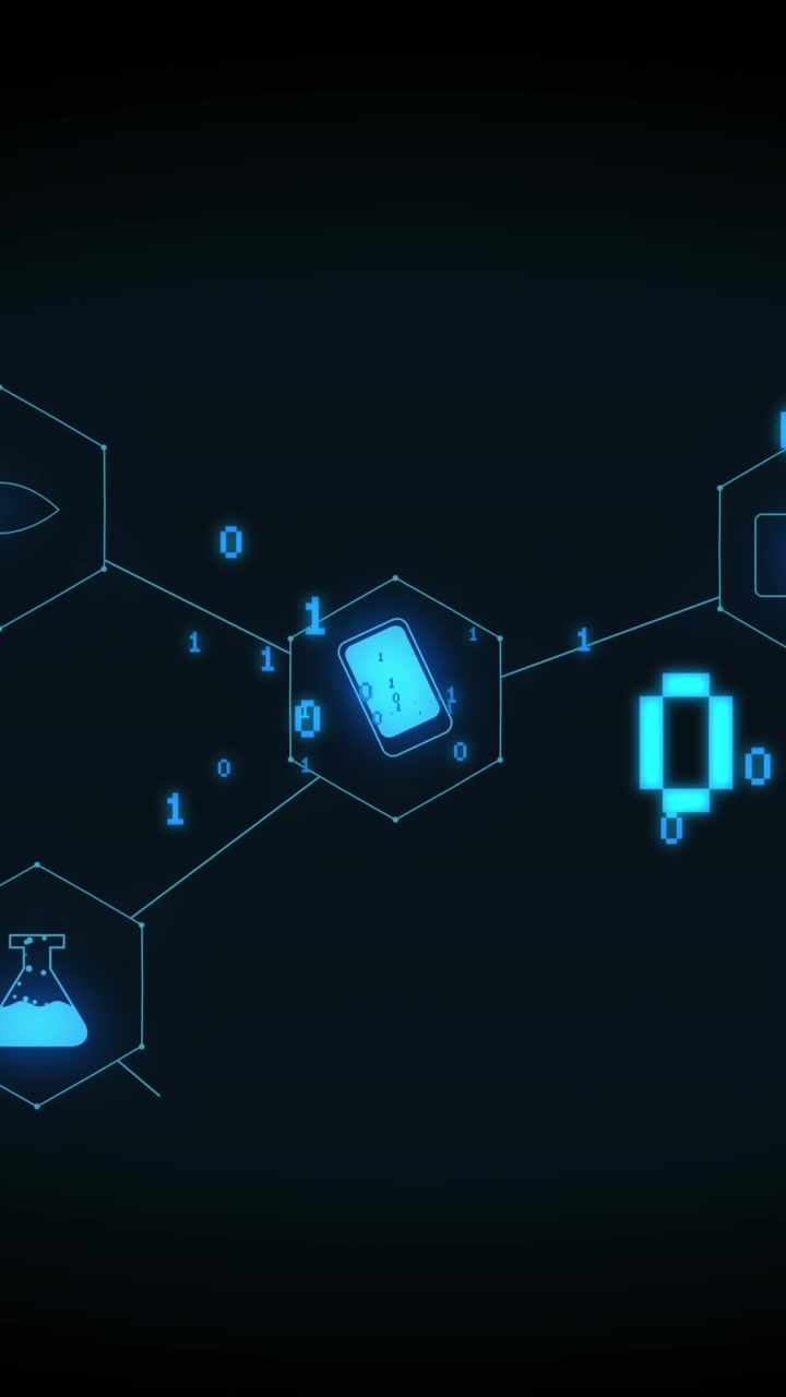 Animation of medical icons with binary coding on black background