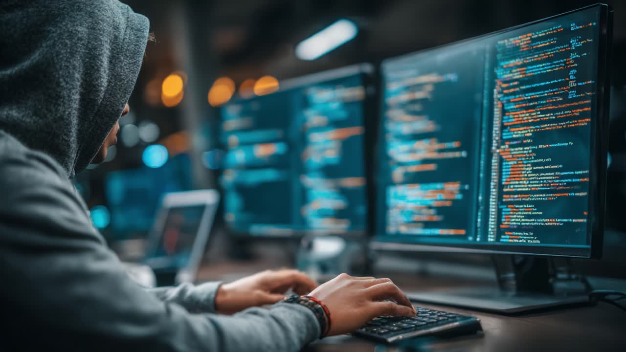 A focused developer engages intensely with multiple screens displaying lines of code, embodying the essence of modern programming and digital creativity in a tech-driven world