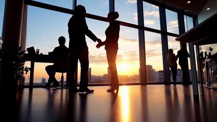 Uomini d'affari che si stringono la mano in silhouette in un ufficio moderno all'alba
