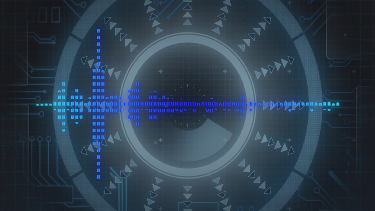 Futuristic digital interface with circular patterns and blue sound wave animation
