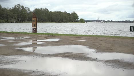 Enten-Schwimmen-Im-Fluss-Mit-Reflexionen-In-Pfützen-An-Windigen,-Bewölkten-Tagen