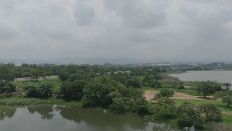 AERIAL---Jabi-Lake-Reservoir-in-Abuja,-Nigeria,-Africa,-forward