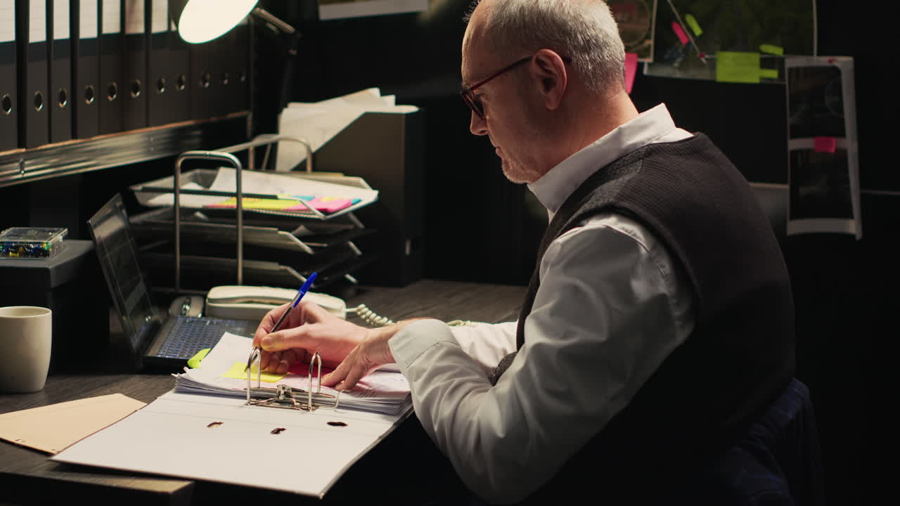 An investigator working on a case at his desk