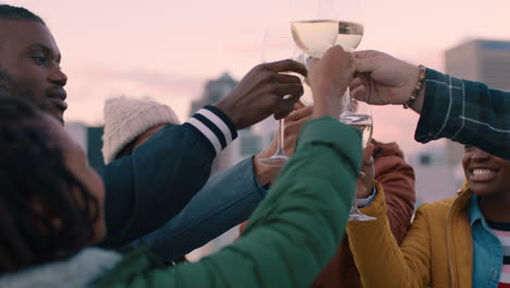 cheerful group of friends enjoying rooftop party celebration drinking champagne making toast having fun social gathering celebrating weekend of friendship at sunset