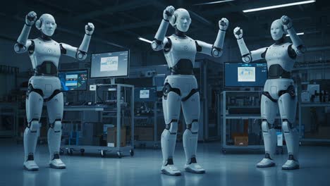a group of futuristic robots in a high-tech environment showcasing advanced technology and innovation in robotics and automation