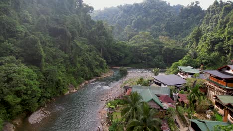 an aerial drone view of the bukit lawang river in bukit lawang, sumatra