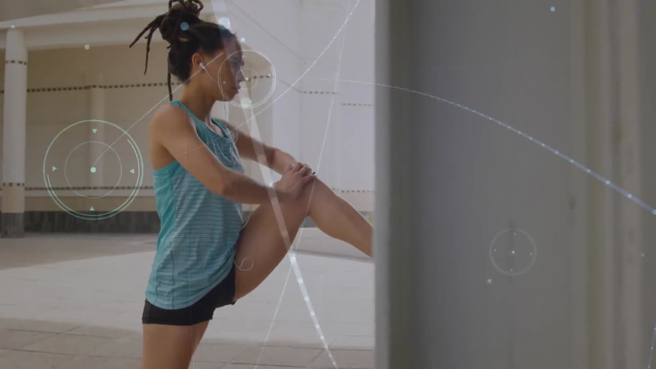 Animação de rede de conexões sobre mulher em forma se exercitando
