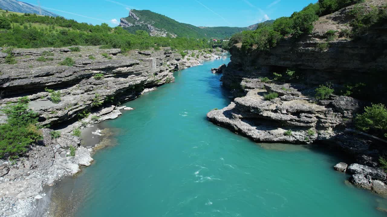 Vjosa River Emerald Wild Waters Flowing Freely Through Rocky Gorge in Untamed European Landscape