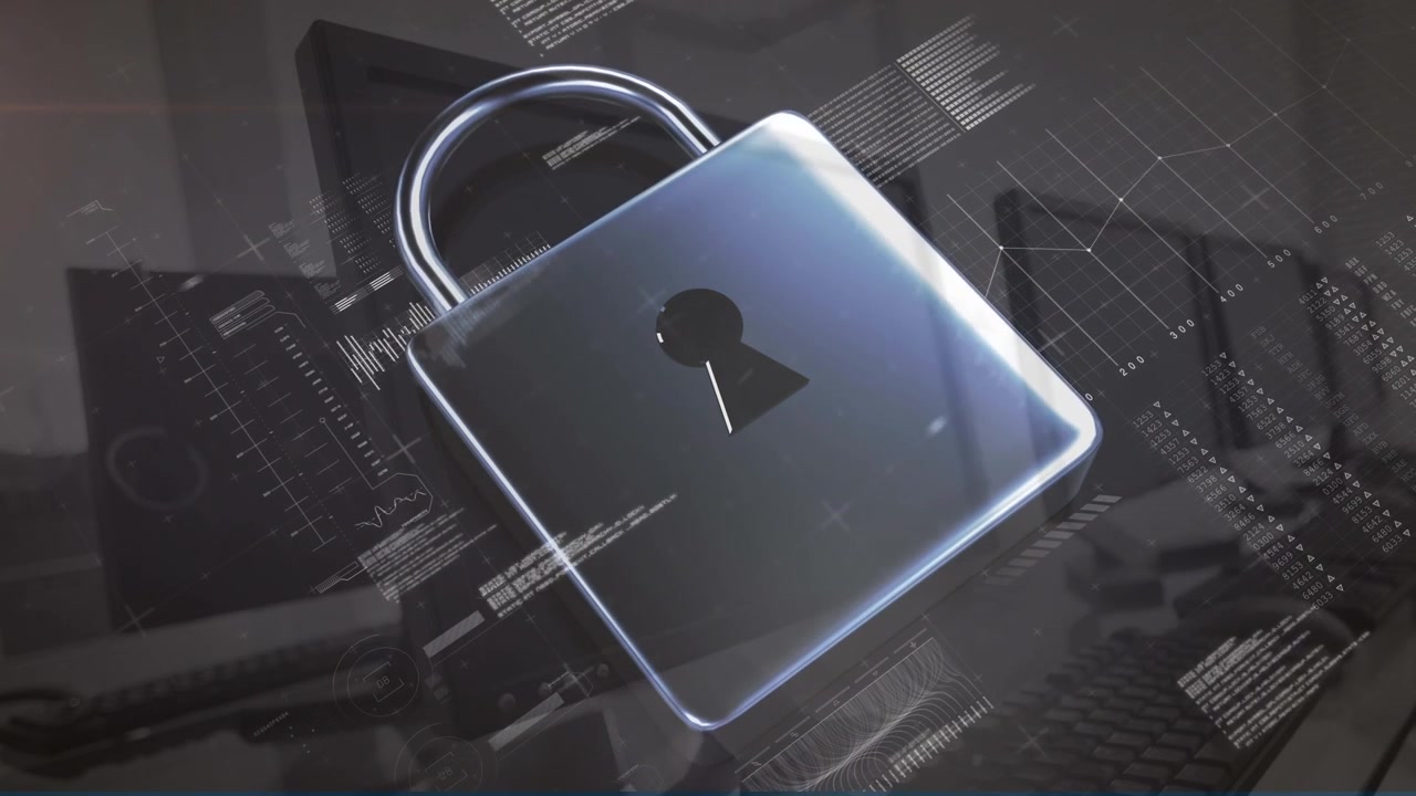 Animation of digital padlock and data processing over computers in office