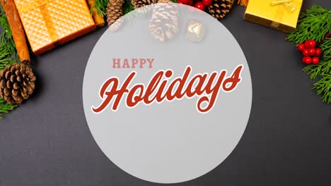 animation of happy holidays text over presents on black background