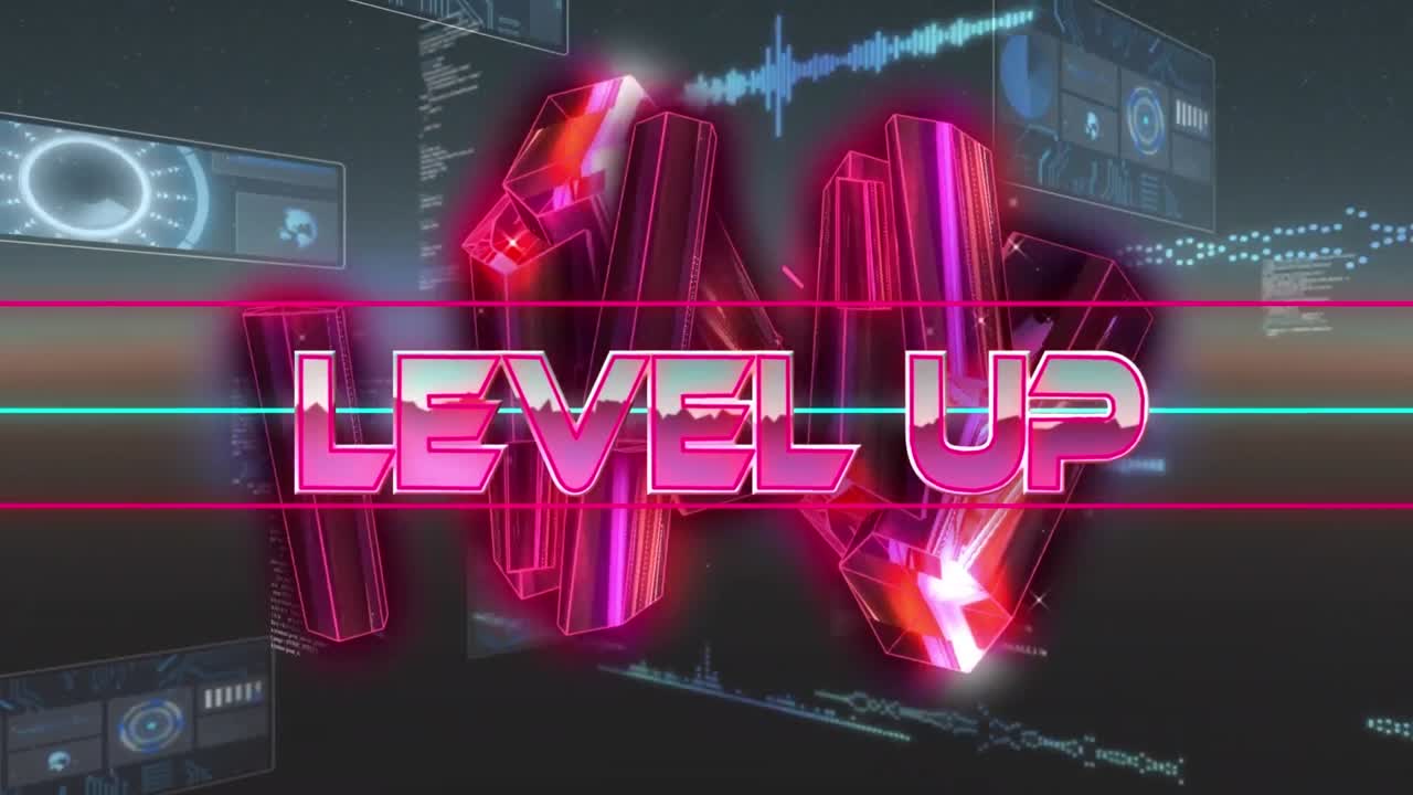 블록과 화면으로 디지털 추상 공간에서 레벨을 올리는 애니메이션