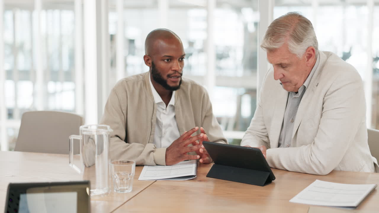 Documents, tablet or financial advisor with black