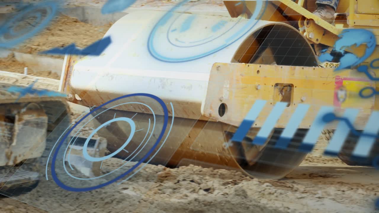 animación de círculos, gráficos y globos sobre el terreno de nivelamiento de rodillos de carretera en el sitio de construcción.