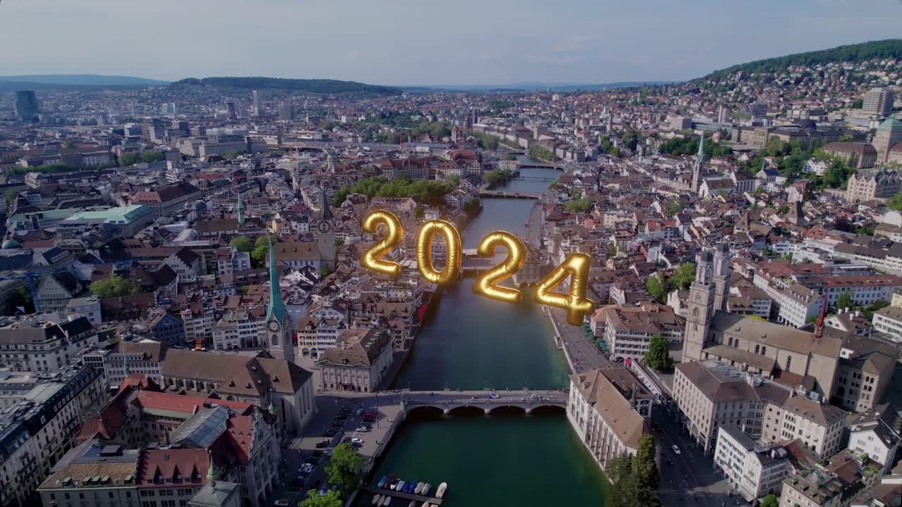 Aerial view of the city of Z&uuml;rich, Switzerland with an illustration of the 2024 Visualization