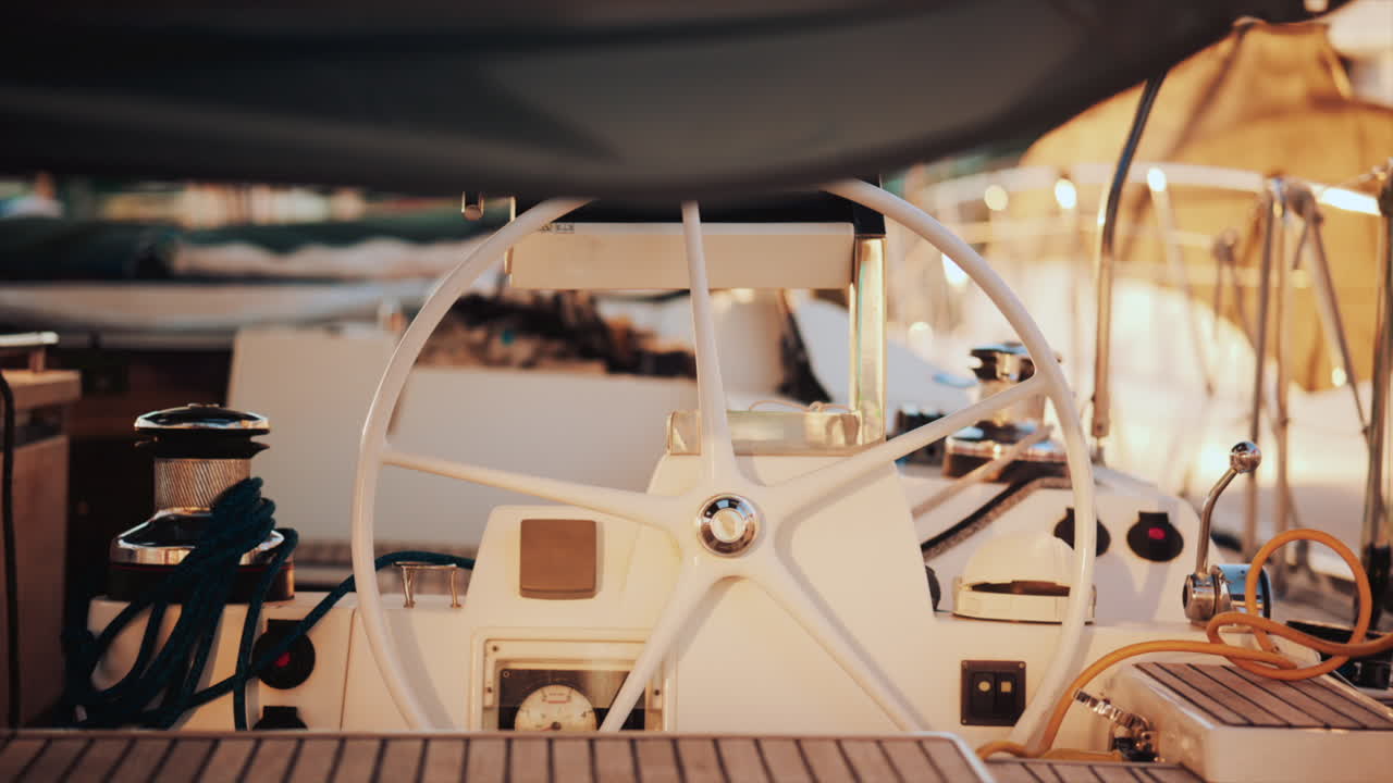 Close up view of a sailboat cockpit with ropes, steering wheel, and control levers