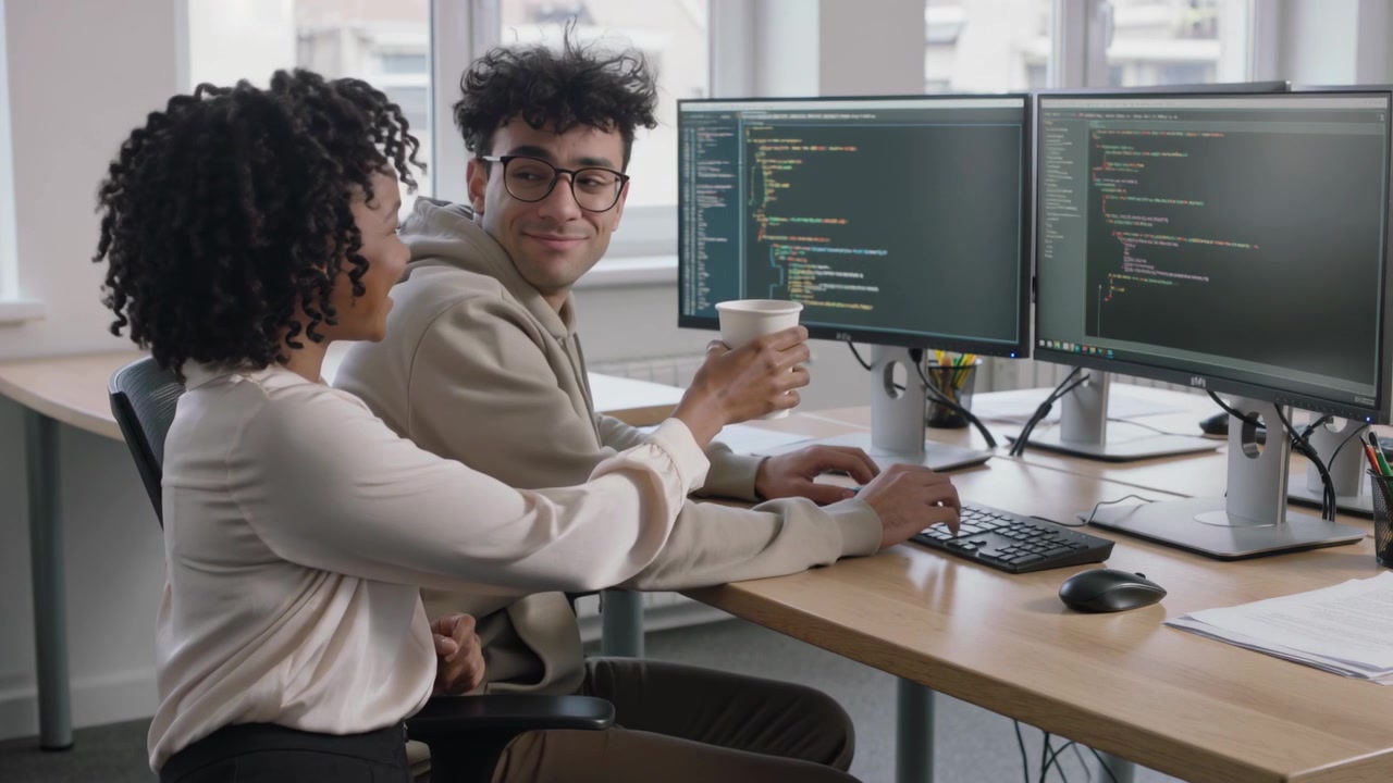 Offering blouse-clad woman handing cup to man pausing typing, taking cup at desk, code monitors