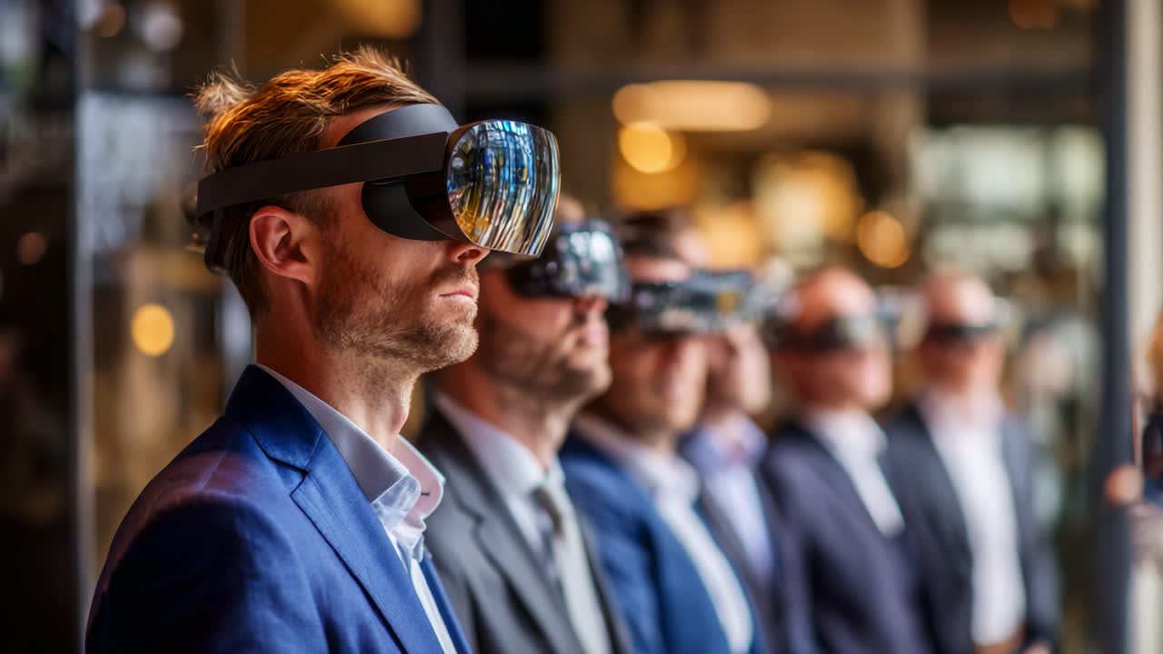 A group of professionals engaged in a technology demonstration, wearing virtual reality headsets that enhance immersive experiences, showcasing the future of modern interaction and engagement