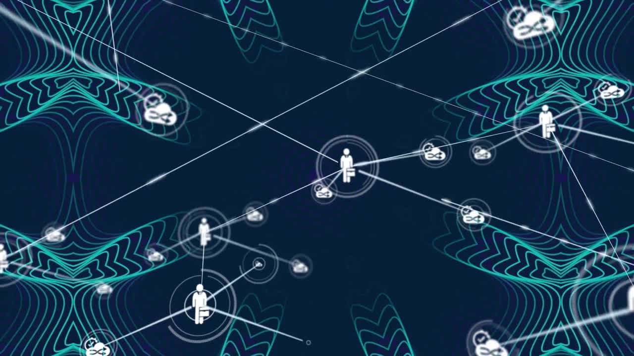 animación de una red de iconos digitales sobre patrones caleidoscópicos verdes contra un fondo azul