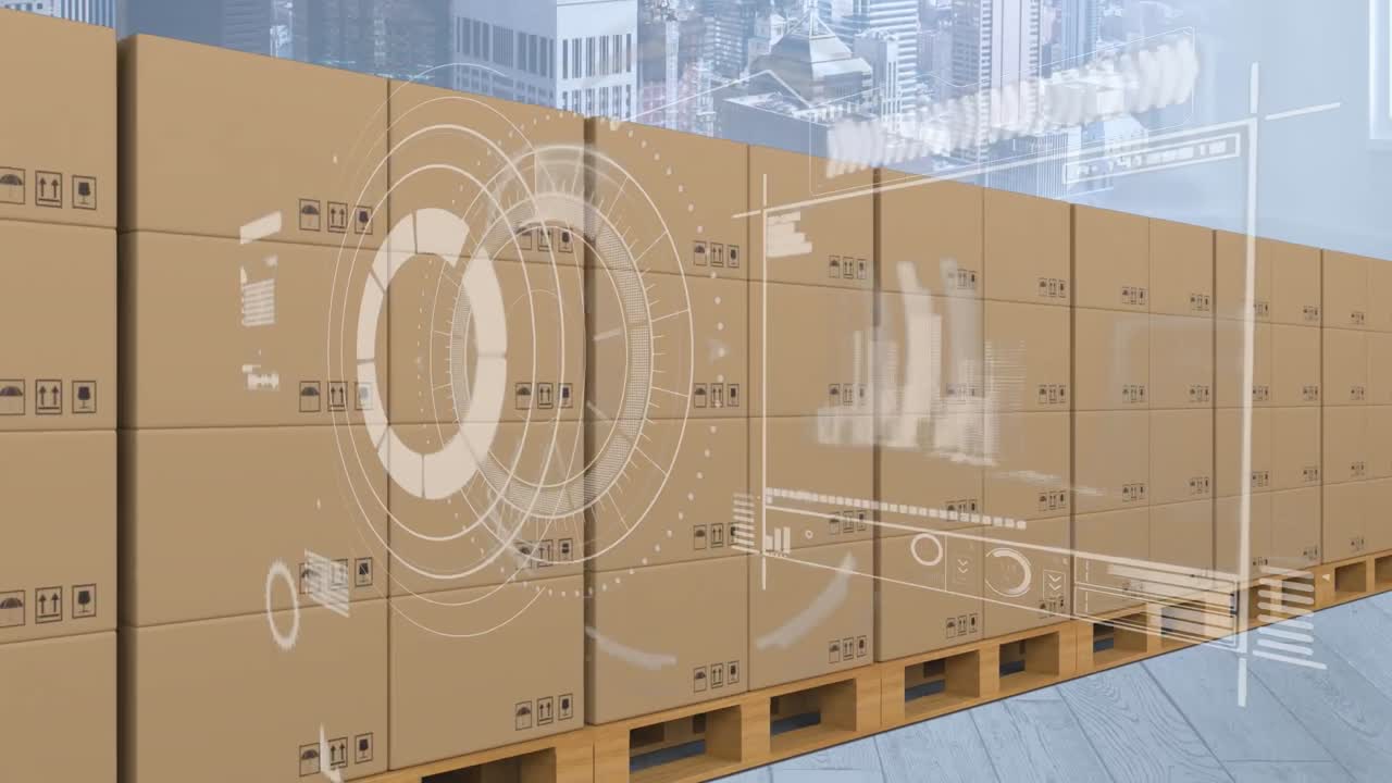 interfaz digital con procesamiento de datos sobre la pila de cajas de entrega contra el paisaje urbano