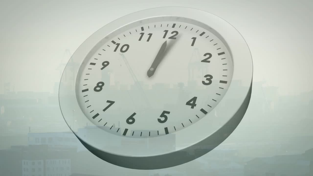On play, round clock rotating and sweeping hands, blurring over hazy skyline, showing business time