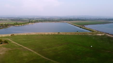 Aerial-view-shot-of-Landscape-at-the-end-of-Pa-Sak-Jolasid-Dam-with-green-grass-and-water