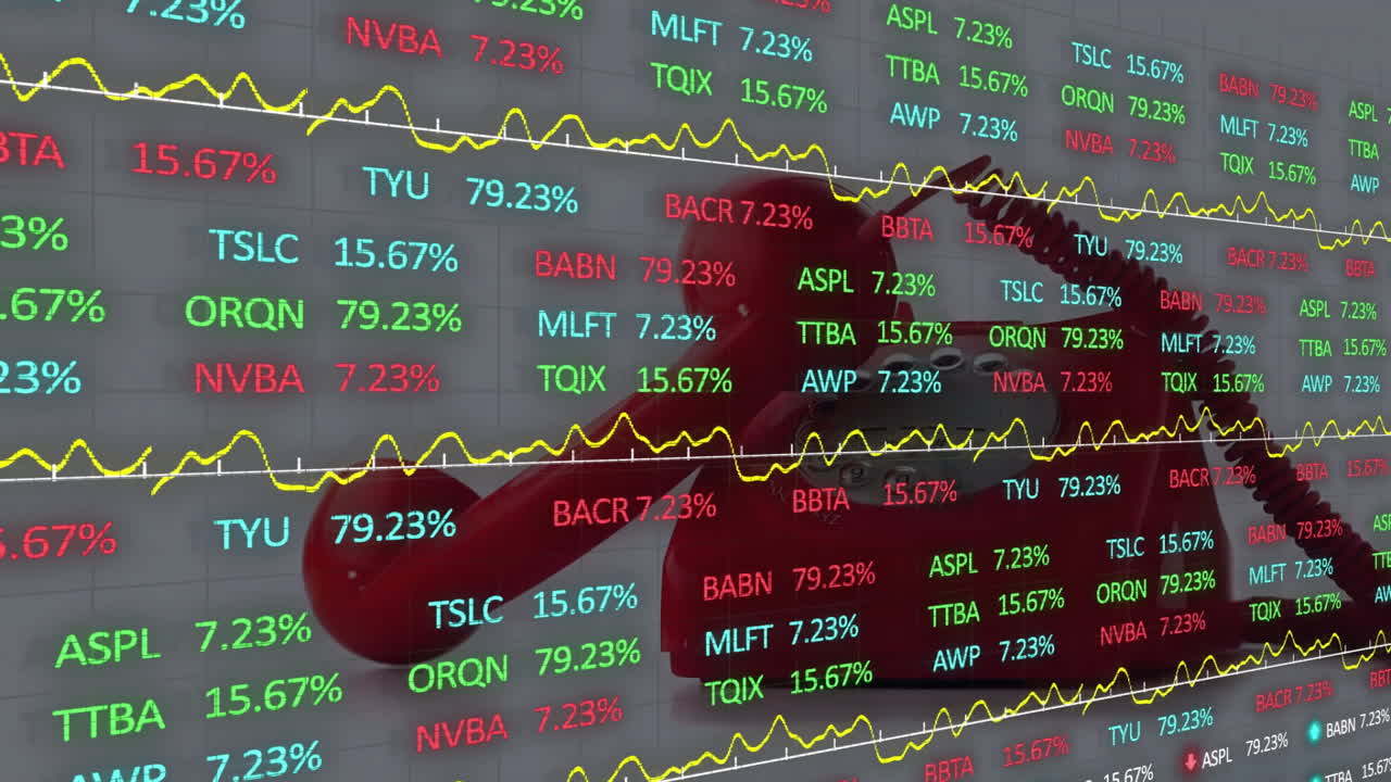 Red vintage telephone handset sitting against glass displaying scrolling stock graphs in 3D render