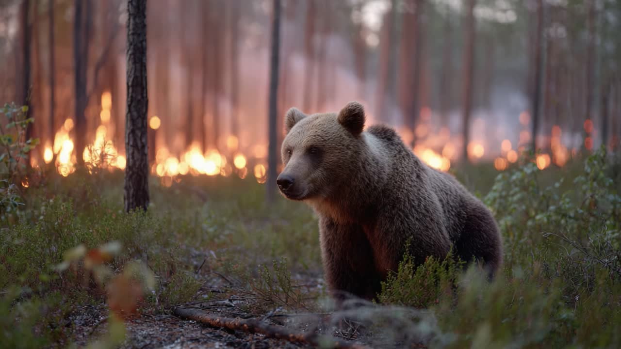A Solemn Moment: A Bear Observes the Ravaging Impact of Wildfire in a Forest, Capturing the Essence of Nature's Struggle Against Destruction