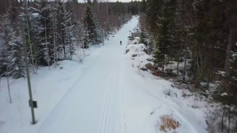 空中,無人機拍攝跟隨一個越野滑雪者在高速和低海拔,快速步伐