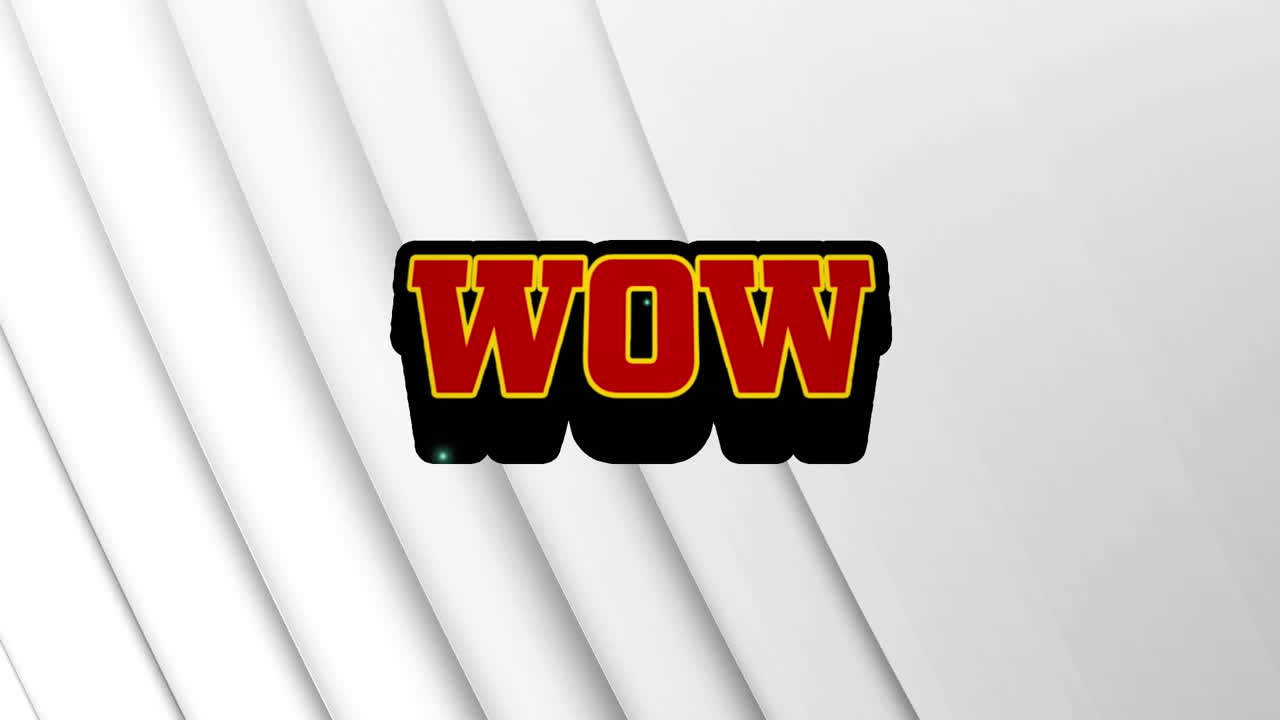 슬라이스 된 텍스처 백색 배경에 대한 레트로 스피치 버블 위의 와우 텍스트의 애니메이션