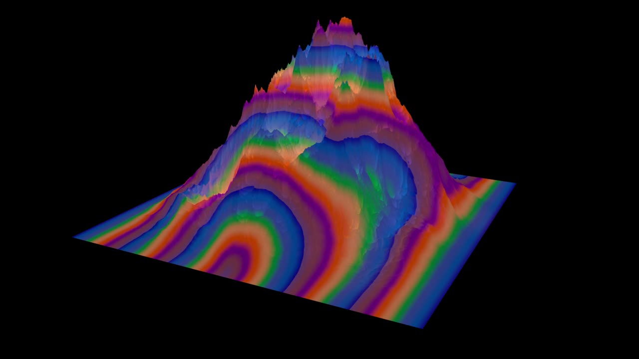 다채로운 물결 모양의 장식품이 있는 산악 풍경