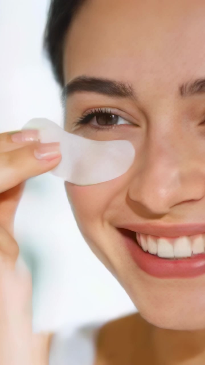 Vertical video: Holding patch, woman applying and adjusting under-eye patch at vanity for hydration