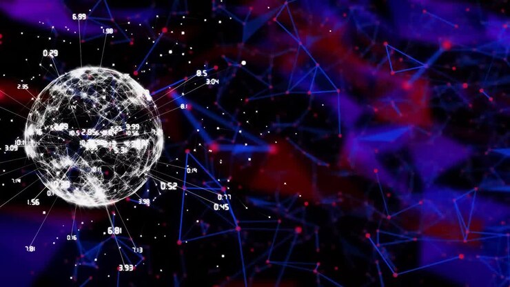Animazione di elaborazione dati su globo con connessioni su sfondo scuro