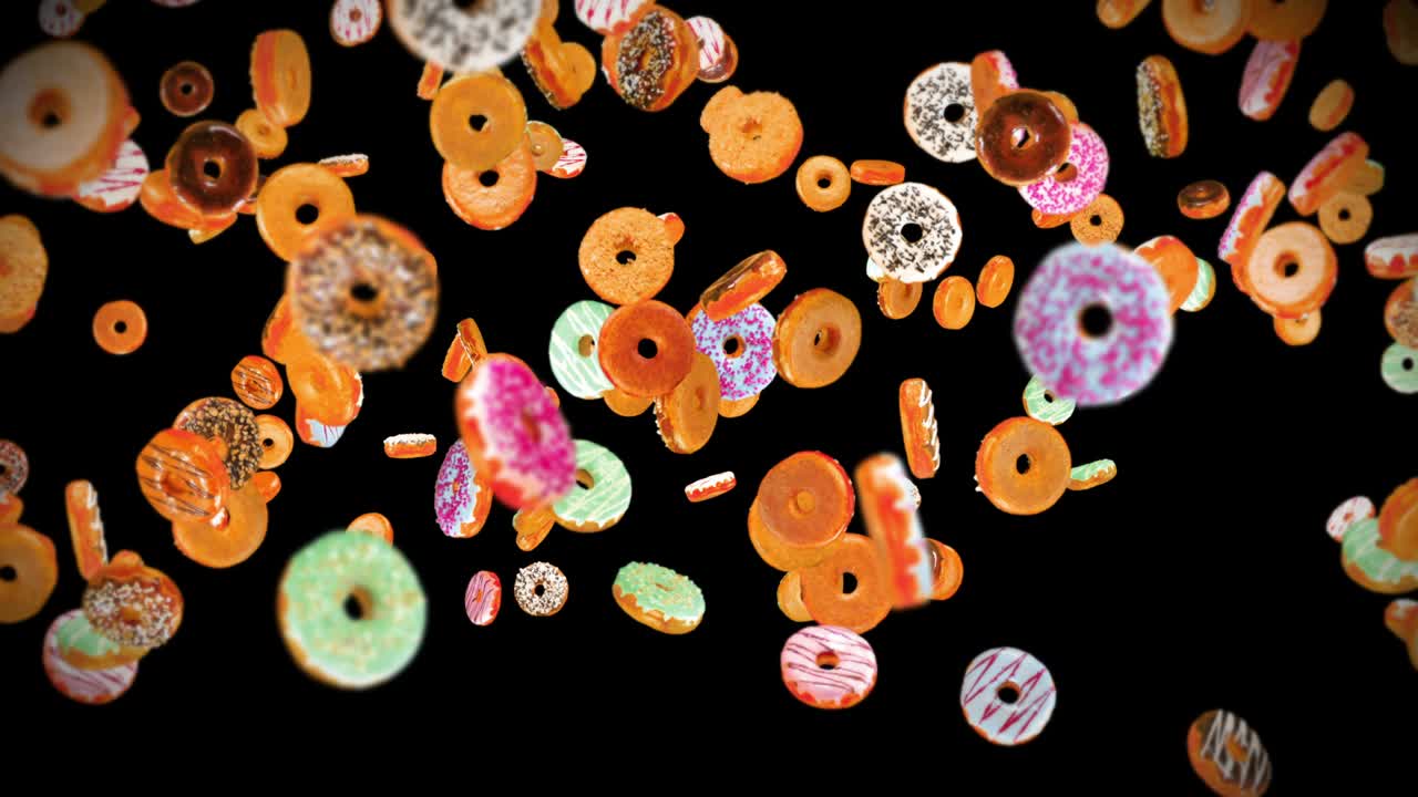 Viele bunte Donuts fliegen auf schwarzem Hintergrund. Donut-Kuchen, Süßigkeiten, Dessert. 3D-Animation eines rotierenden Donuts. Schleifenanimation