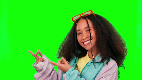 Face,-green-screen-and-woman-pointing