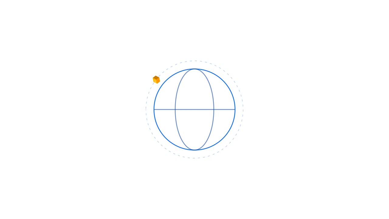 Minimalistinen animaatio pienestä kuutiosta kiertämässä lankamallimaapalloa.