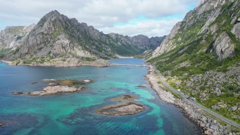 scenic road to rorvikstranda beach in lofoten island, norway, scandinavia - aerial 4k