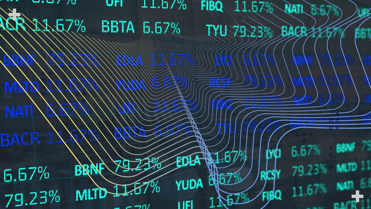 Animation of digital wave over stock market data processing against grey background