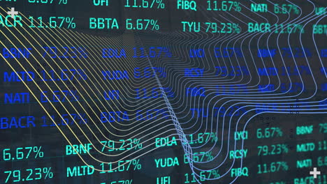 animation of digital wave over stock market data processing against grey background