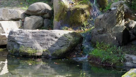 soothing waterfall flowing of rock in exotic korean temple garden