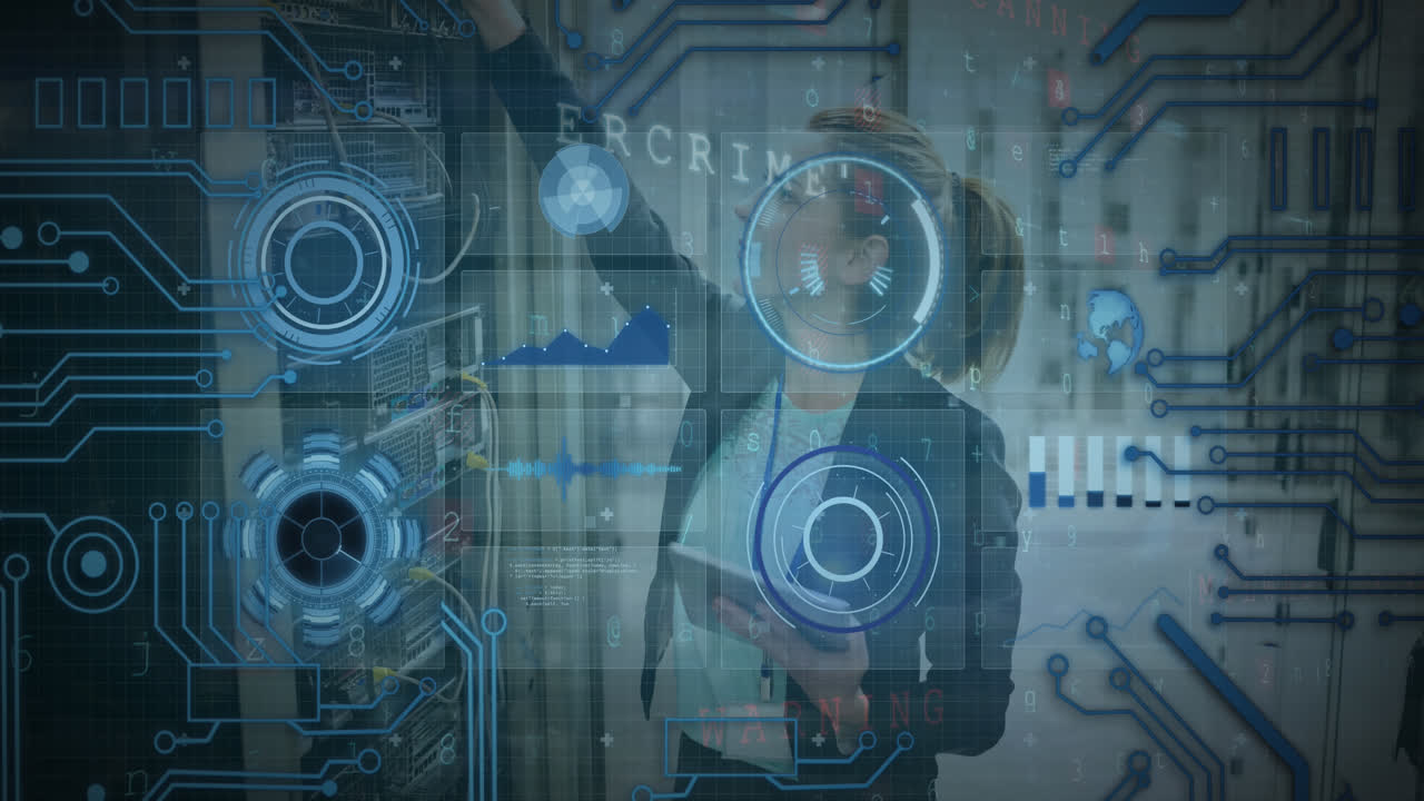 animación del procesamiento de datos sobre la trabajadora de la sala de servidores caucásica