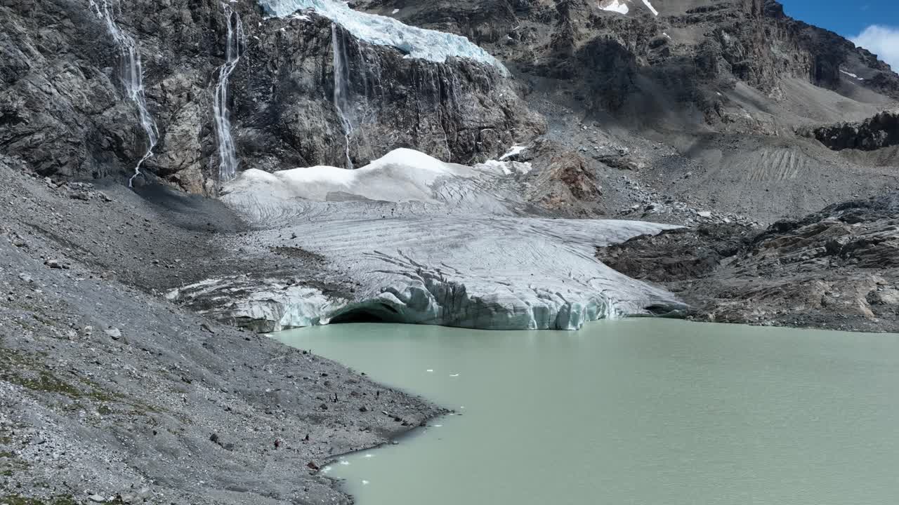 Aerial Forward up Drone Shot of Fellaria's Glacier and its Oriental Lake - Valmalenco - Sondrio
