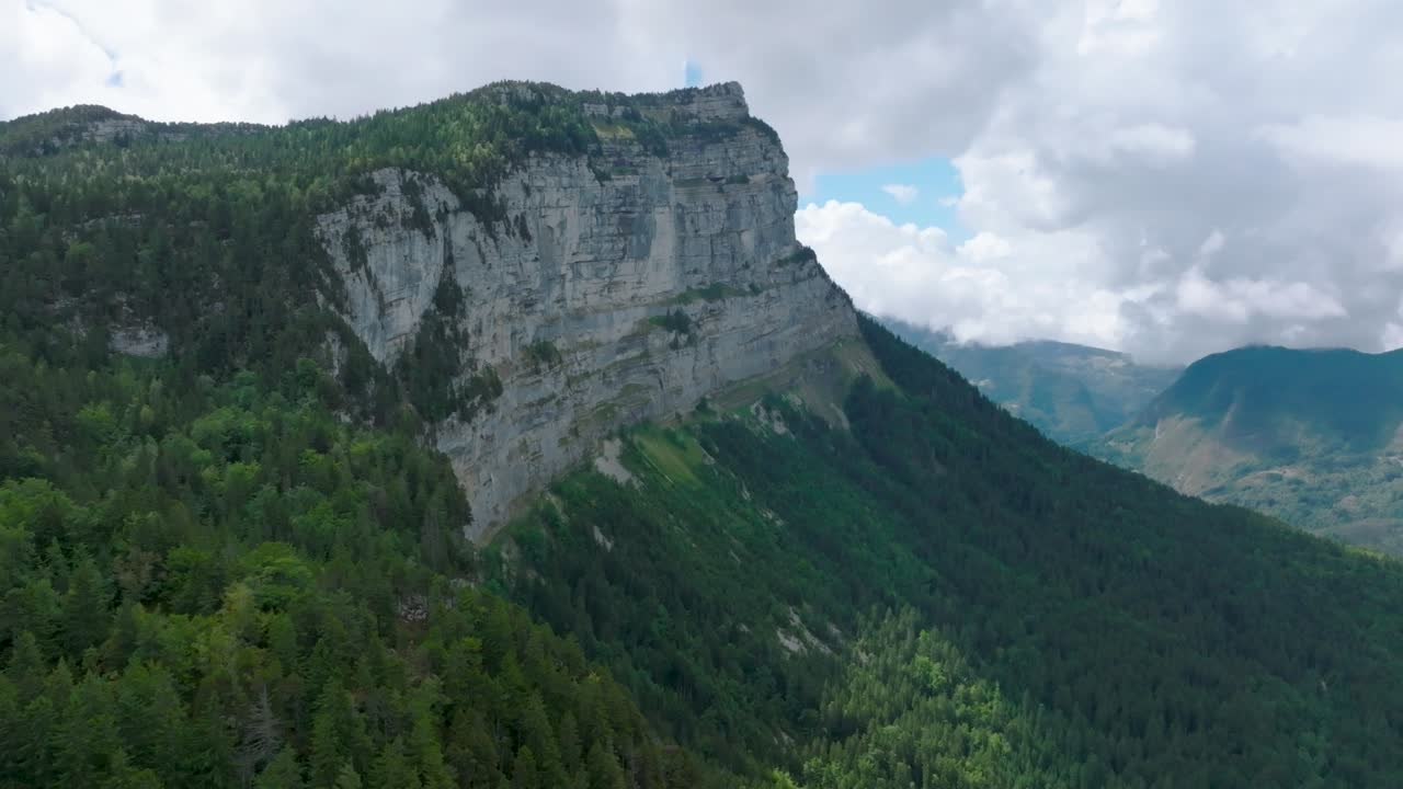 Circular shot of mount in green valley of pine, French Alps