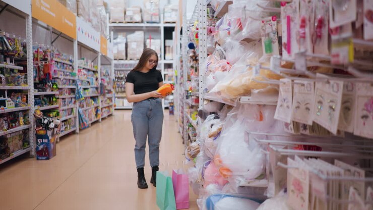 Donna con t-shirt nera e jeans guarda peluche e accessori in un negozio di giocattoli, si allunga per prendere un articolo mentre gli scaffali colorati sono pieni di peluche, giochi e ciondoli, borse della spesa sul pavimento