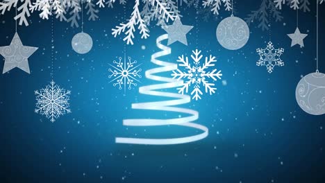 Animation-Eines-Weihnachtsbaums-Mit-Blauem-Band-Und-Fallendem-Schnee