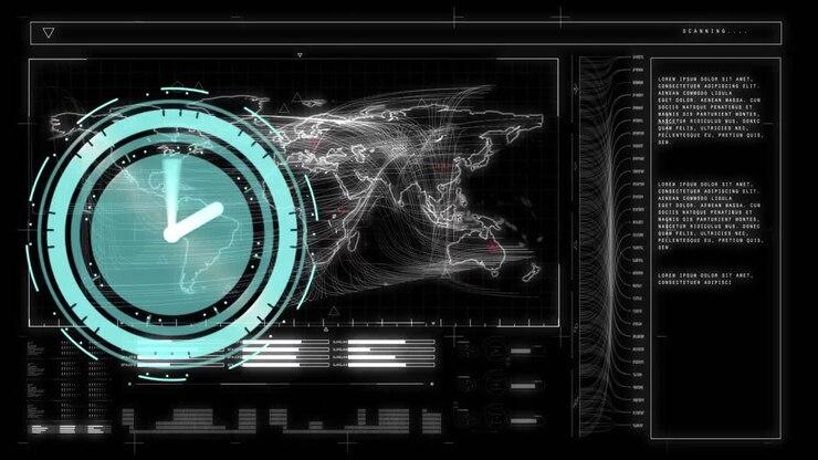 Animation of clock moving fast and data processing with world map on screen
