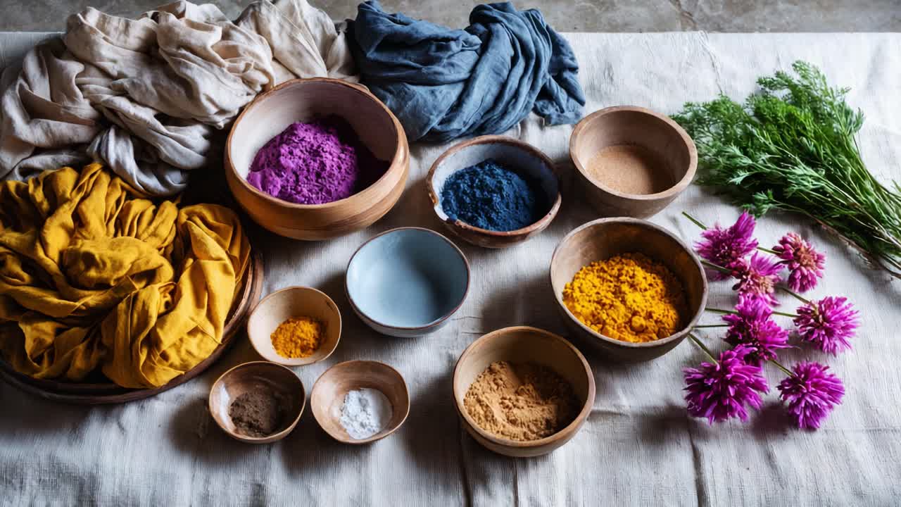 A Vibrant Display of Natural Dyes and Textiles: Exploring Colorful Powders, Fabrics, and Fresh Flora in a Rustic Setting